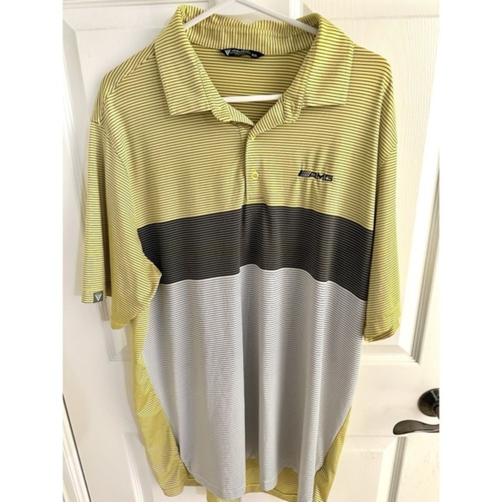 Levelwear AMG Men's XL Yellow Black White Striped Colorblock Short Sleeve Polo